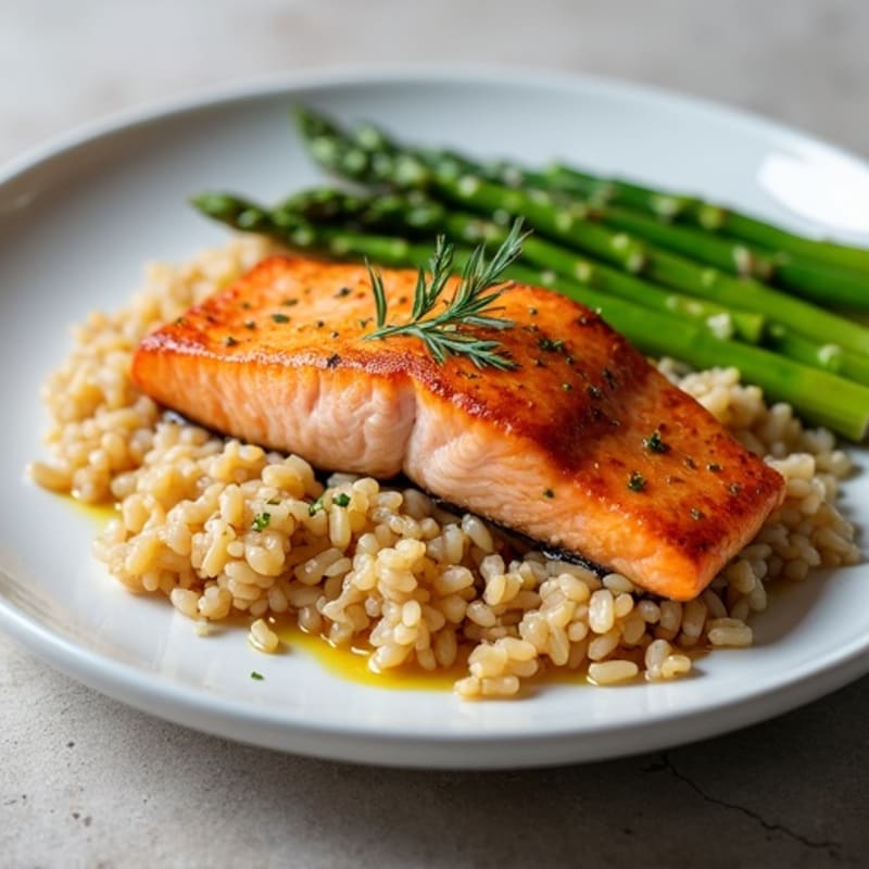 Seared Salmon with Steamed Asparagus and Brown Rice