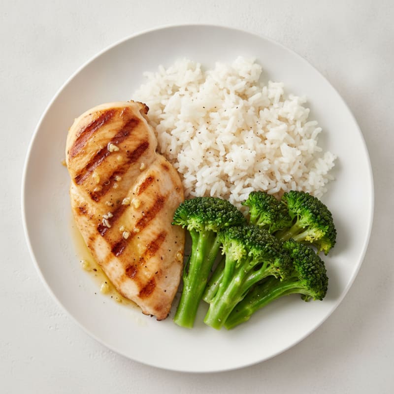 Grilled Chicken Breast with Rice and Steamed Broccoli