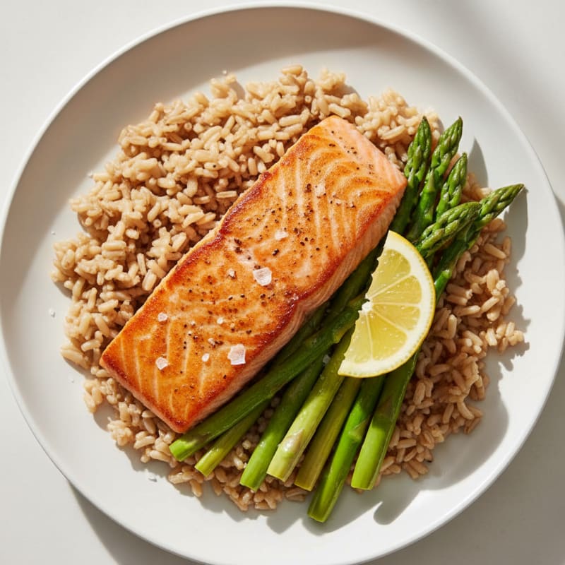 Seared Salmon with Steamed Asparagus and Brown Rice