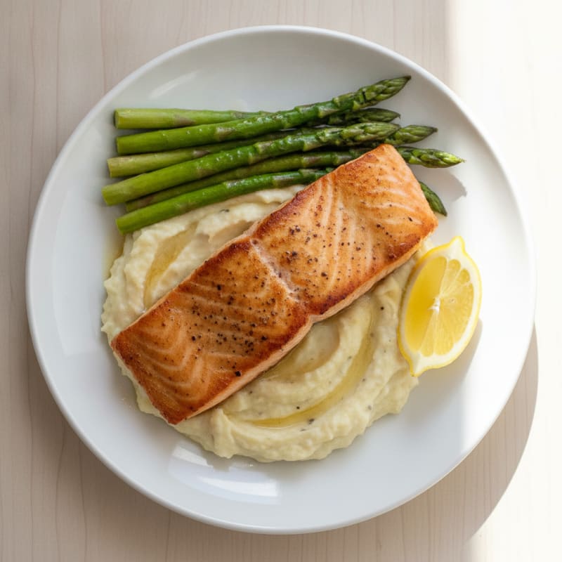 Seared Salmon with Steamed Asparagus and Cauliflower Mash