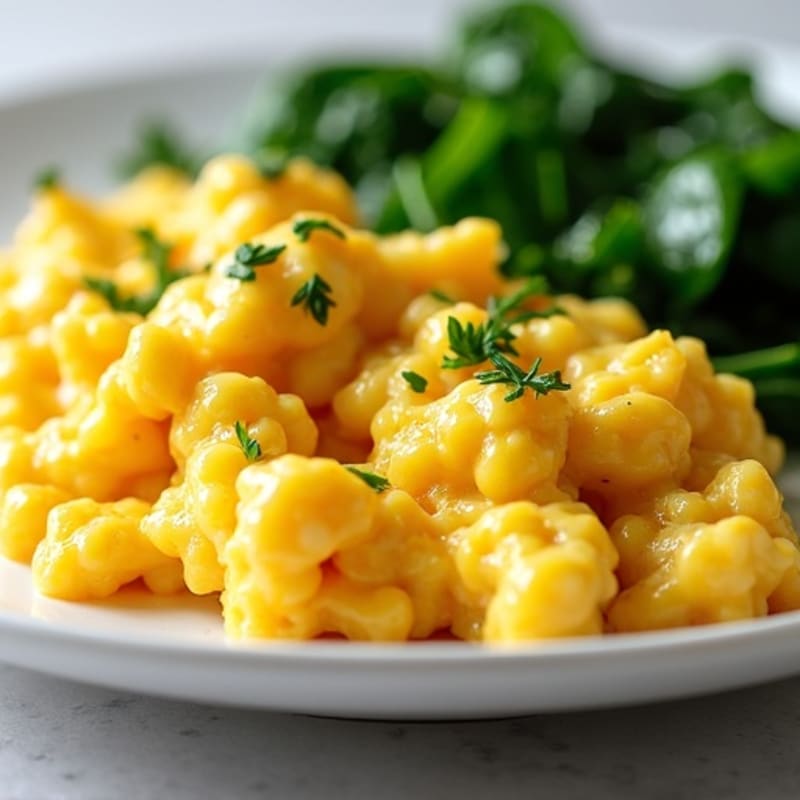 Fluffy Cheesy Scrambled Eggs with Fresh Herbs and Sautéed Spinach