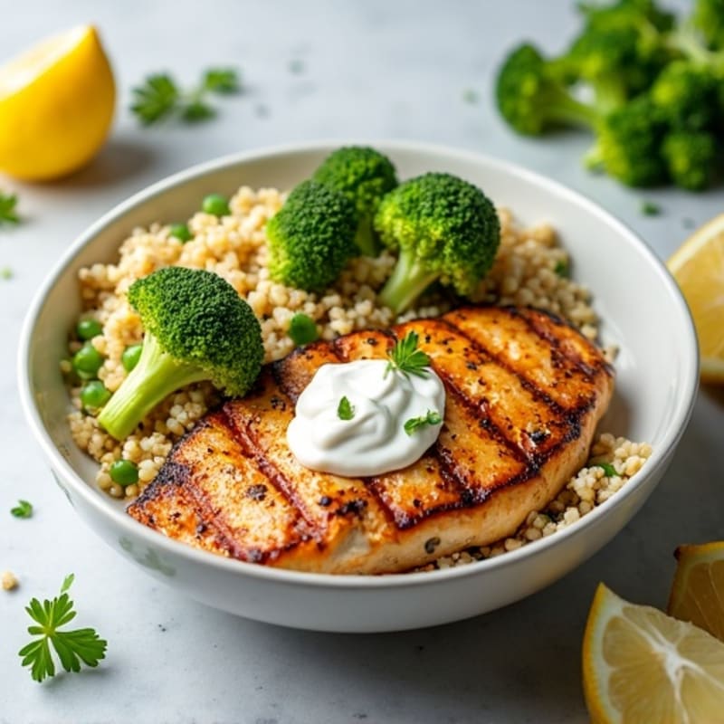 Grilled Chicken Breast with Crunchy Broccoli Slaw and Quinoa