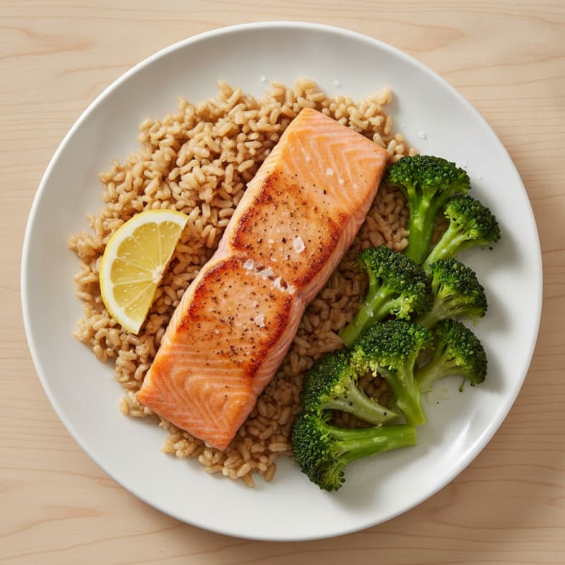 Seared Salmon with Steamed Broccoli and Brown Rice