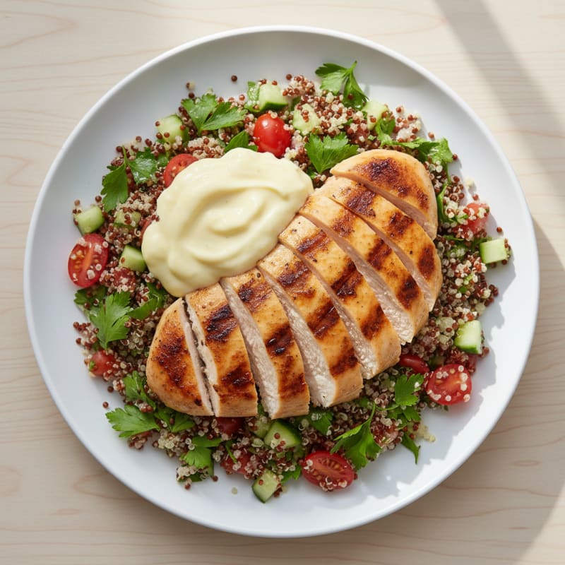 Grilled Chicken Breast with Quinoa Tabbouleh and Lemon Yogurt Sauce