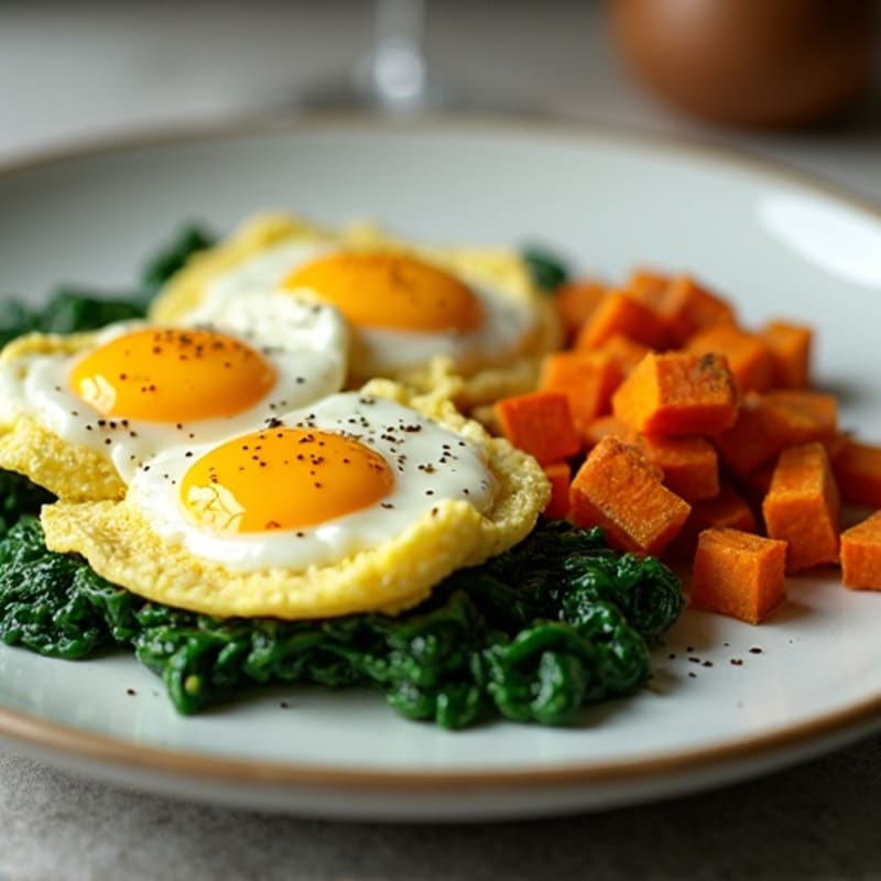Fluffy Scrambled Eggs with Sautéed Spinach and Crispy Sweet Potato Hash