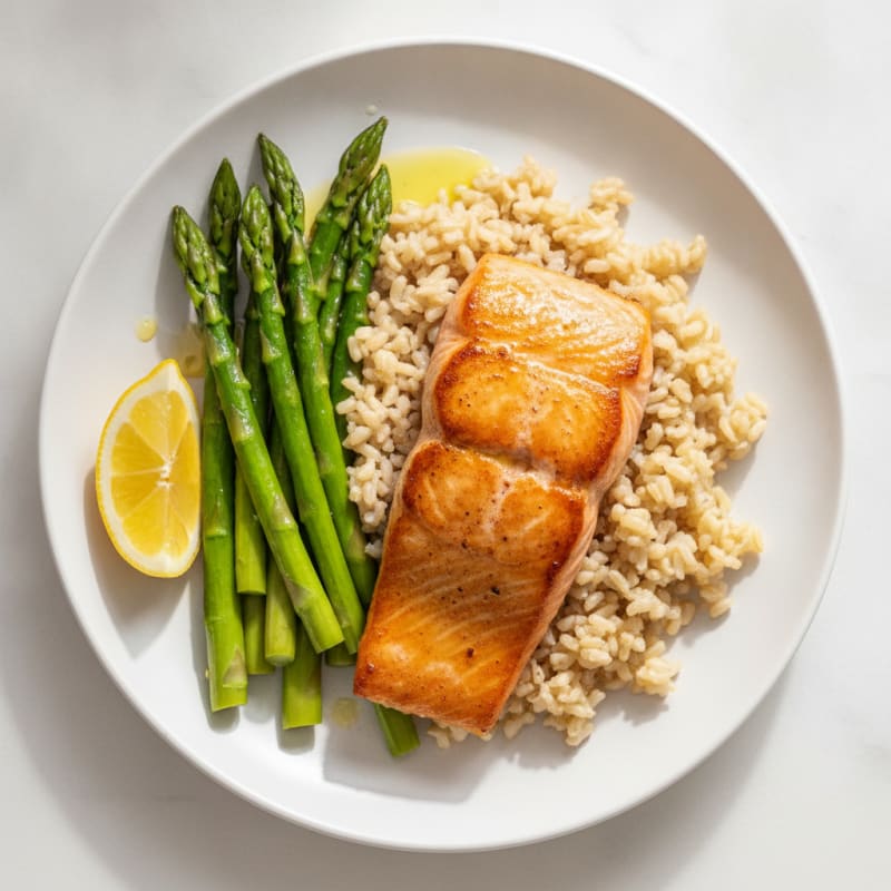 Seared Salmon with Steamed Asparagus and Brown Rice
