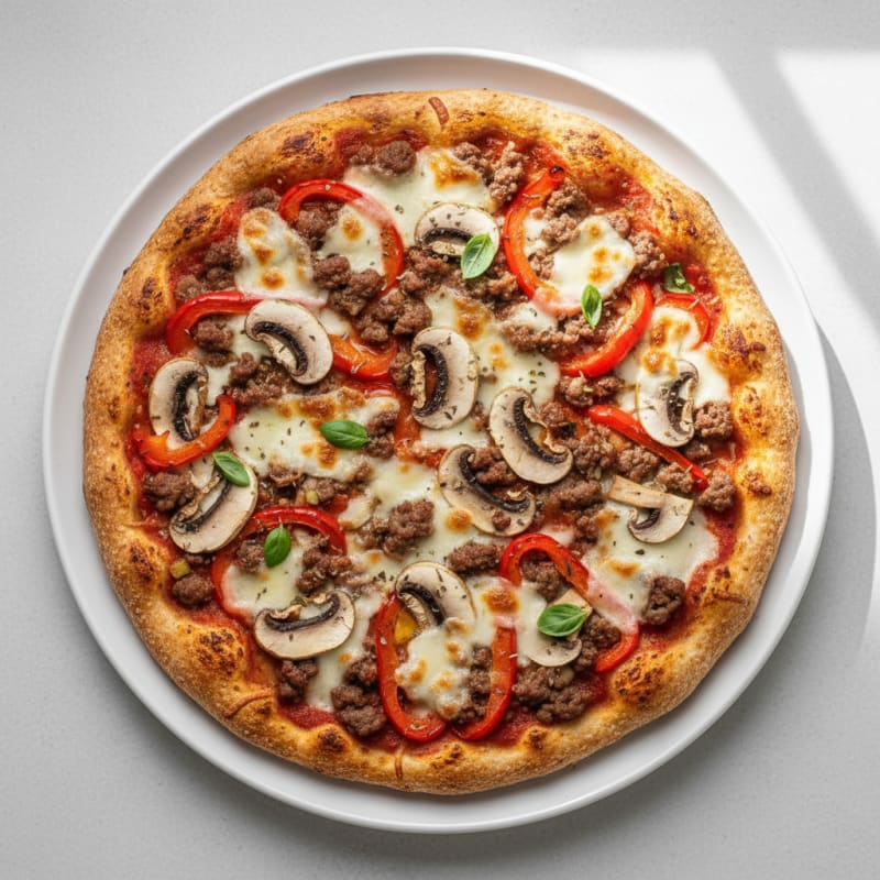 Lean Beef Pizza with Roasted Peppers and Mushrooms