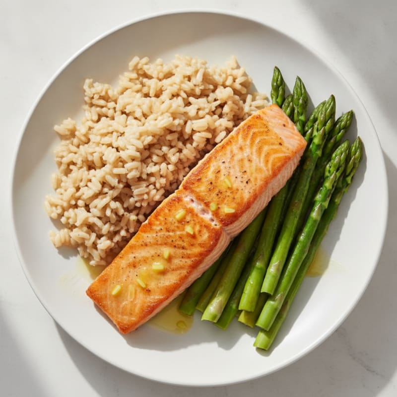 Seared Salmon Fillet with Steamed Asparagus and Brown Rice