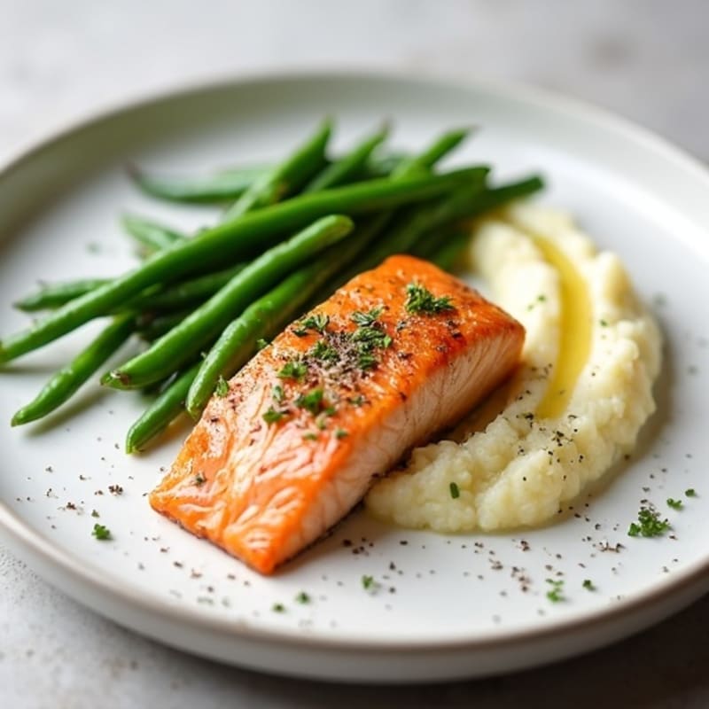 Seared Salmon with Garlic Green Beans and Mashed Cauliflower