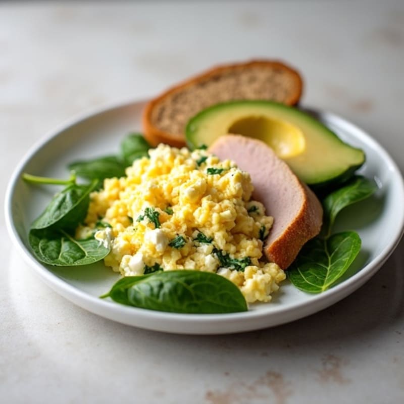 Egg White and Spinach Scramble with Cottage Cheese and Sliced Turkey