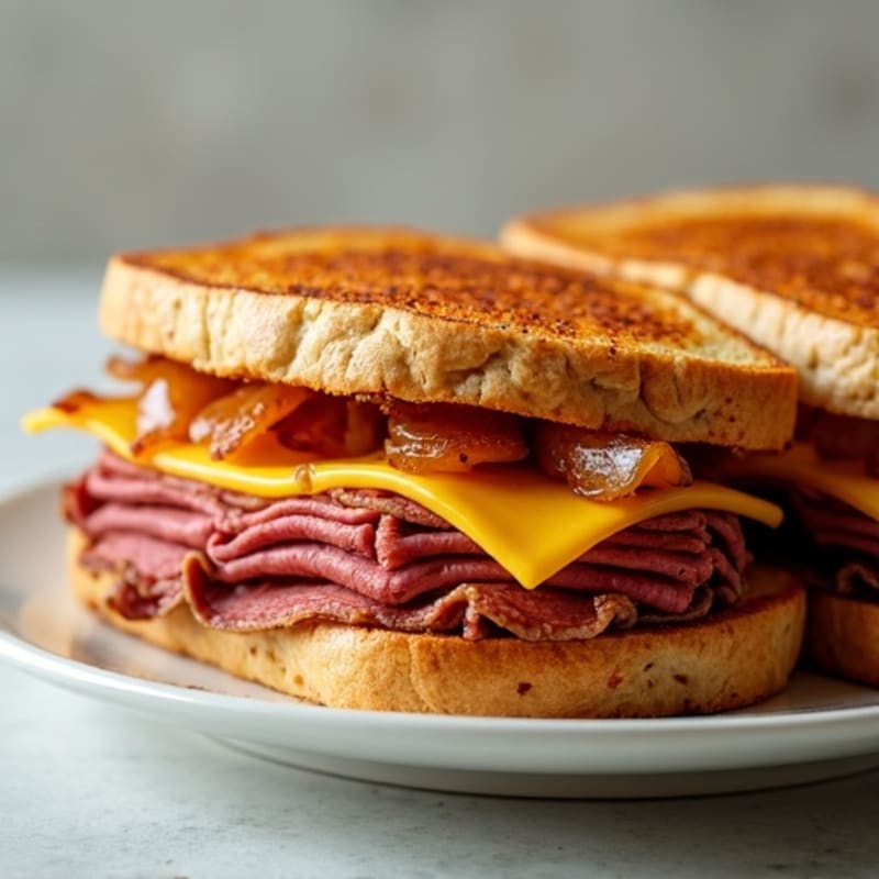 Crispy Roast Beef and Sharp Cheddar Panini with Caramelized Onions