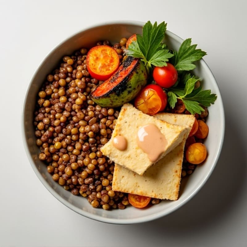 Spiced Lentil and Roasted Vegetable Bowl with Creamy Tahini