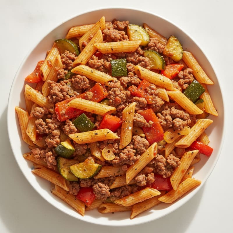 Ground Beef Pasta with Roasted Vegetables