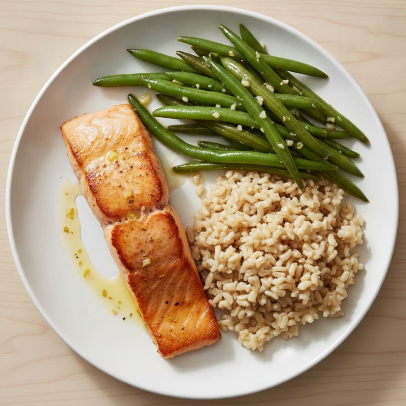 Seared Salmon with Garlic Green Beans and Brown Rice
