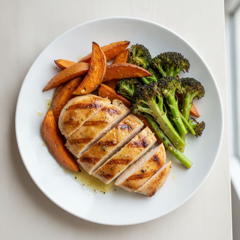 Grilled Chicken Breast with Roasted Sweet Potato and Broccoli