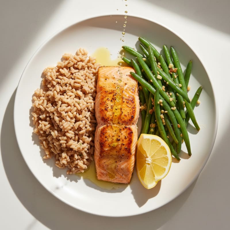 Seared Salmon Fillet with Garlic Green Beans and Brown Rice