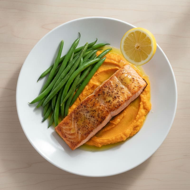 Seared Salmon with Steamed Green Beans and Sweet Potato Mash