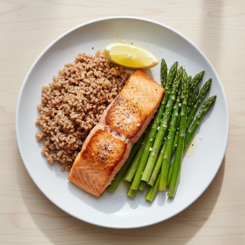 Seared Salmon Fillet with Steamed Asparagus and Brown Rice