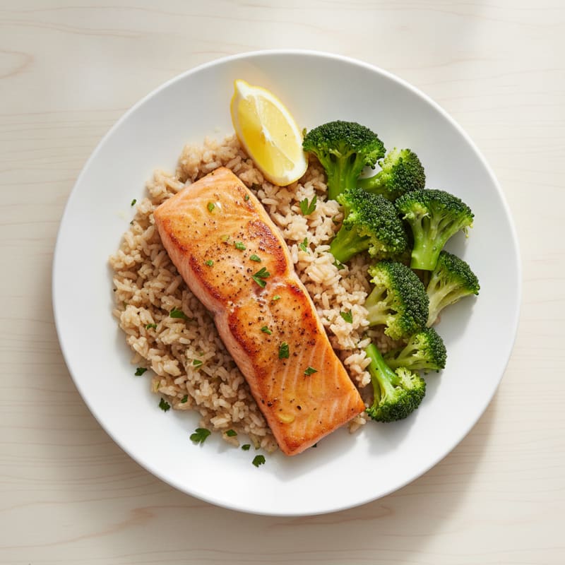 Seared Salmon Fillet with Steamed Broccoli and Herbed Brown Rice