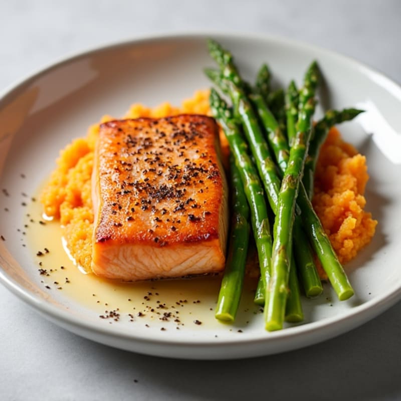 Seared Salmon with Roasted Asparagus and Sweet Potato Mash