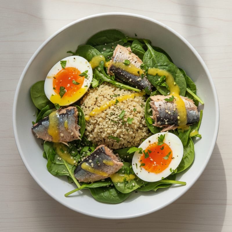 Jammy Boiled Eggs with Sardines and Quinoa