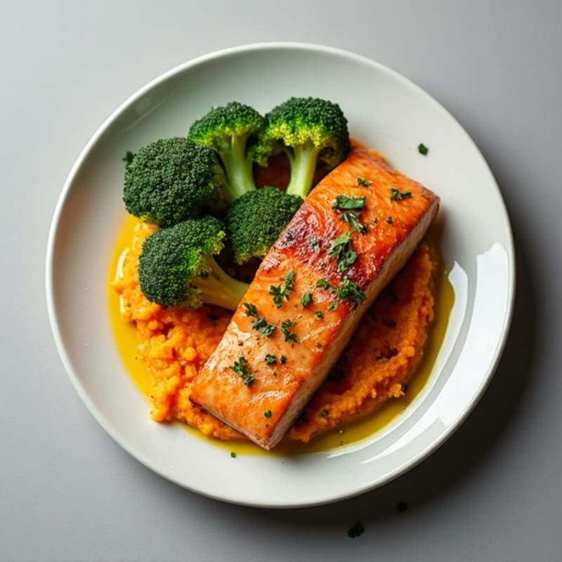Seared Salmon Fillet with Roasted Broccoli and Sweet Potato Mash