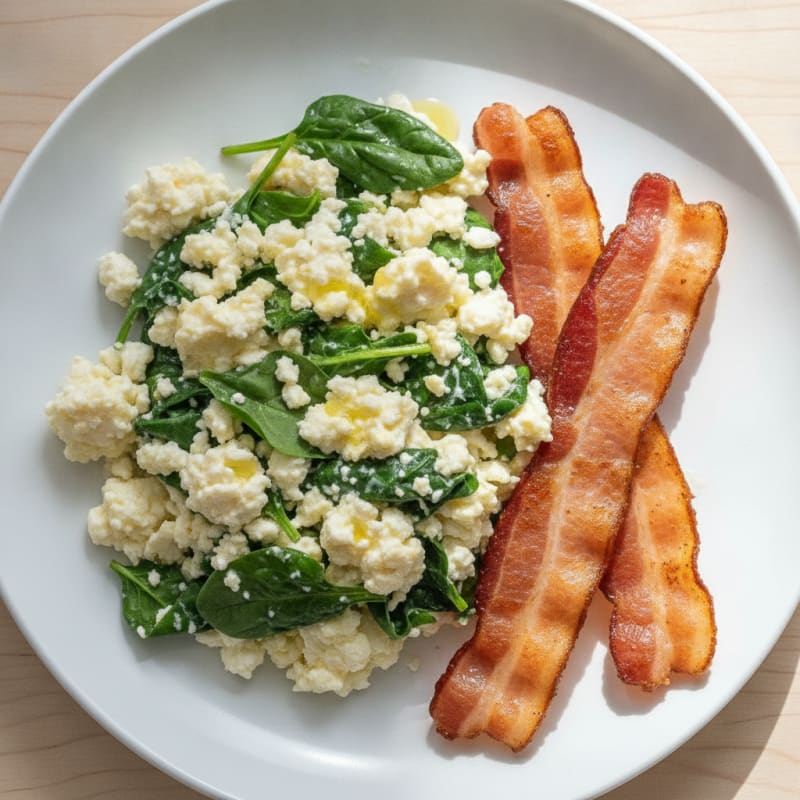 Cottage Cheese Scramble with Spinach and Turkey Bacon