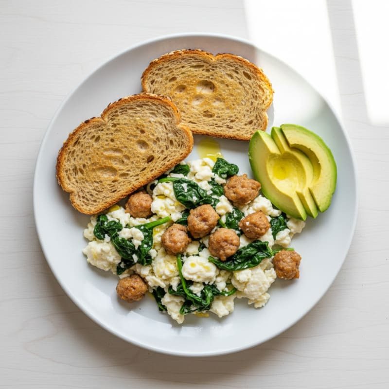 Egg White Scramble with Turkey Sausage and Spinach