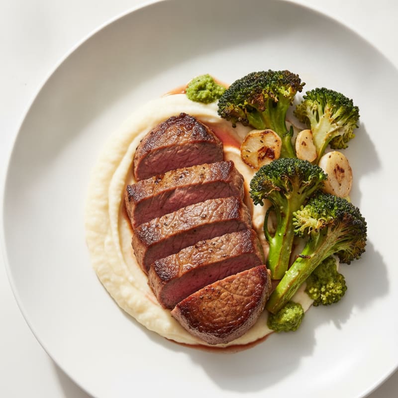 Seared Lean Beef with Roasted Broccoli and Cauliflower Mash