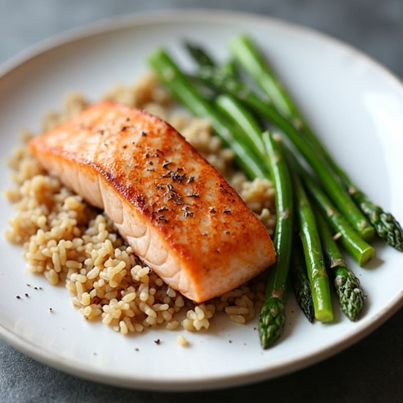 Seared Salmon with Steamed Asparagus and Brown Rice