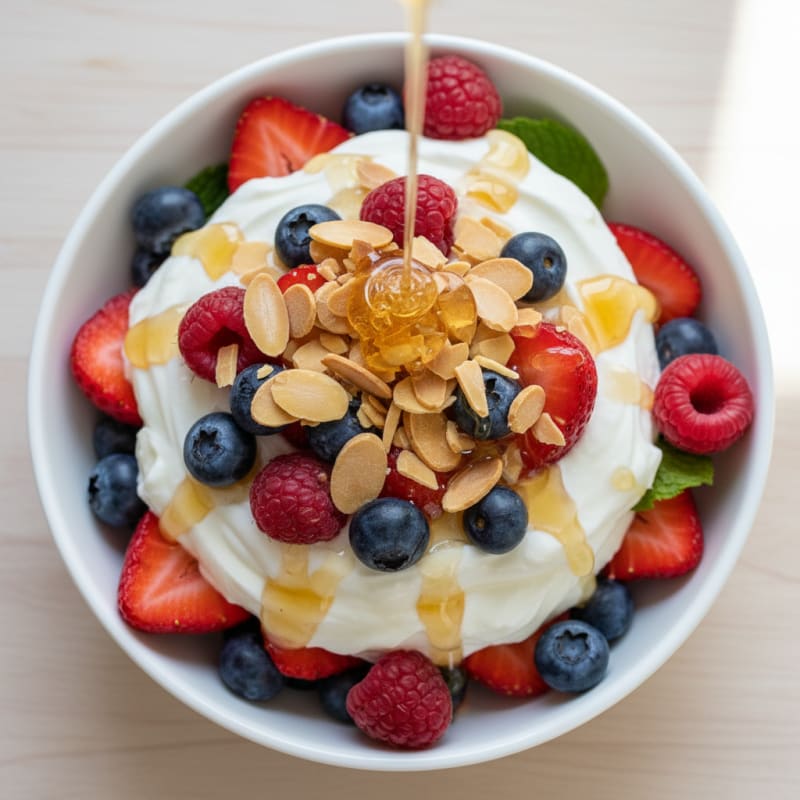 Greek Yogurt Protein Parfait with Mixed Berries and Almonds