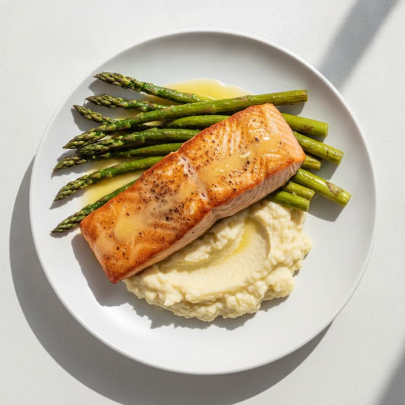 Seared Salmon Fillet with Roasted Asparagus and Cauliflower Mash