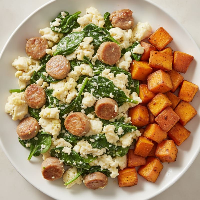 Egg White and Turkey Sausage Scramble with Spinach and Roasted Sweet Potato