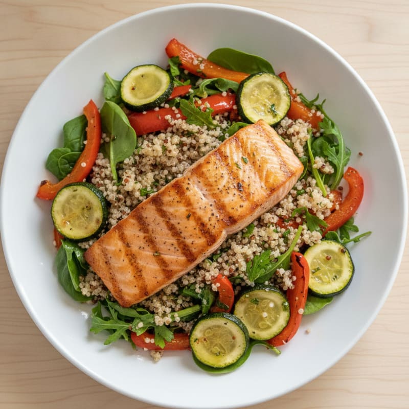 Grilled Salmon Salad with Quinoa and Roasted Vegetables