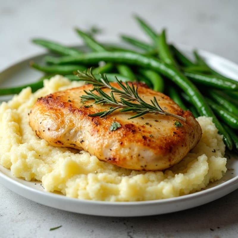 Garlic Herb Roasted Chicken with Creamy Garlic Mashed Potatoes and Crispy Green Beans