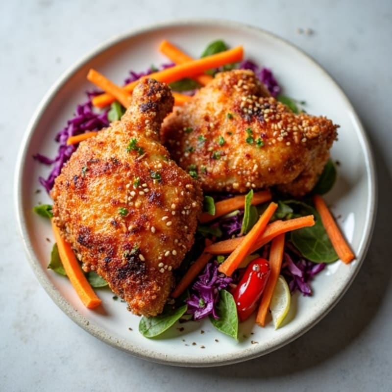 Crispy Sesame Ginger Chicken Thighs with Fresh Rainbow Slaw