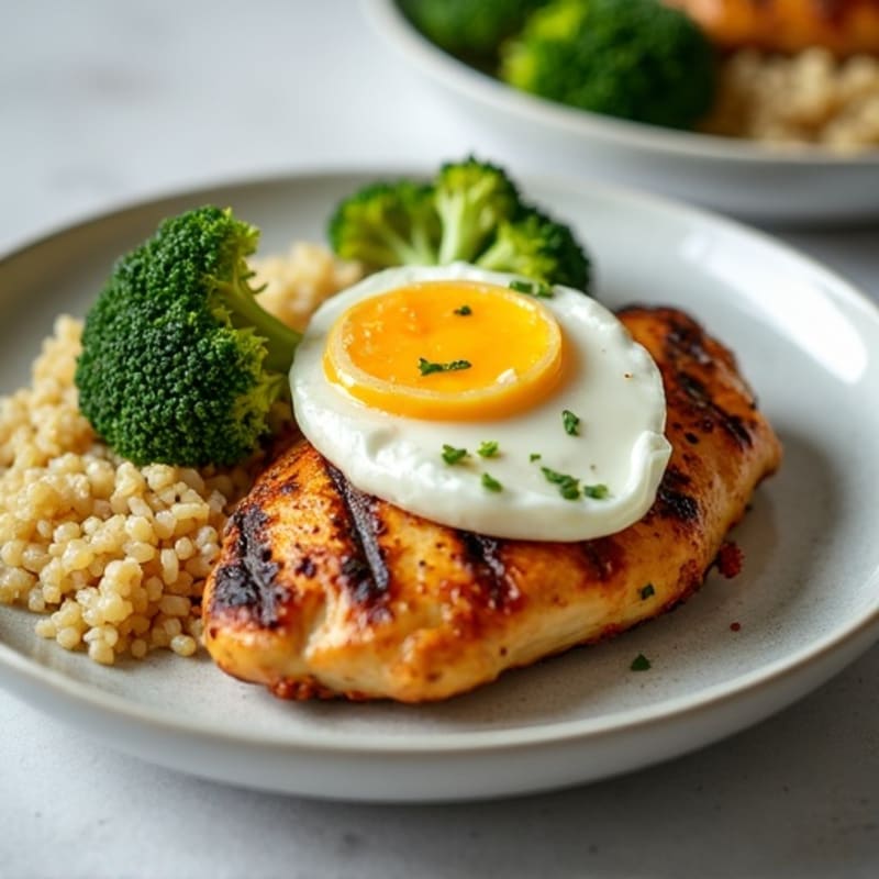 Grilled Chicken Breast with Roasted Broccoli, Quinoa, and Soft-Boiled Egg