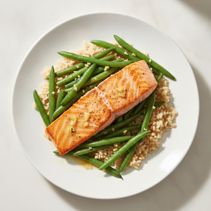 Seared Salmon with Garlic Green Beans and Brown Rice
