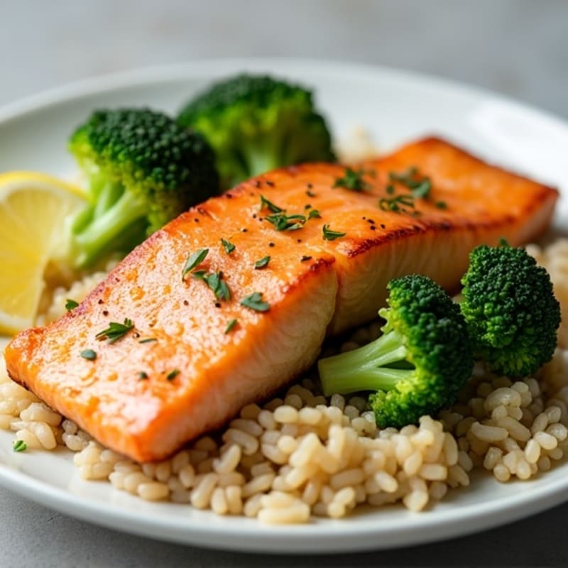 Seared Salmon with Steamed Broccoli and Garlic Brown Rice