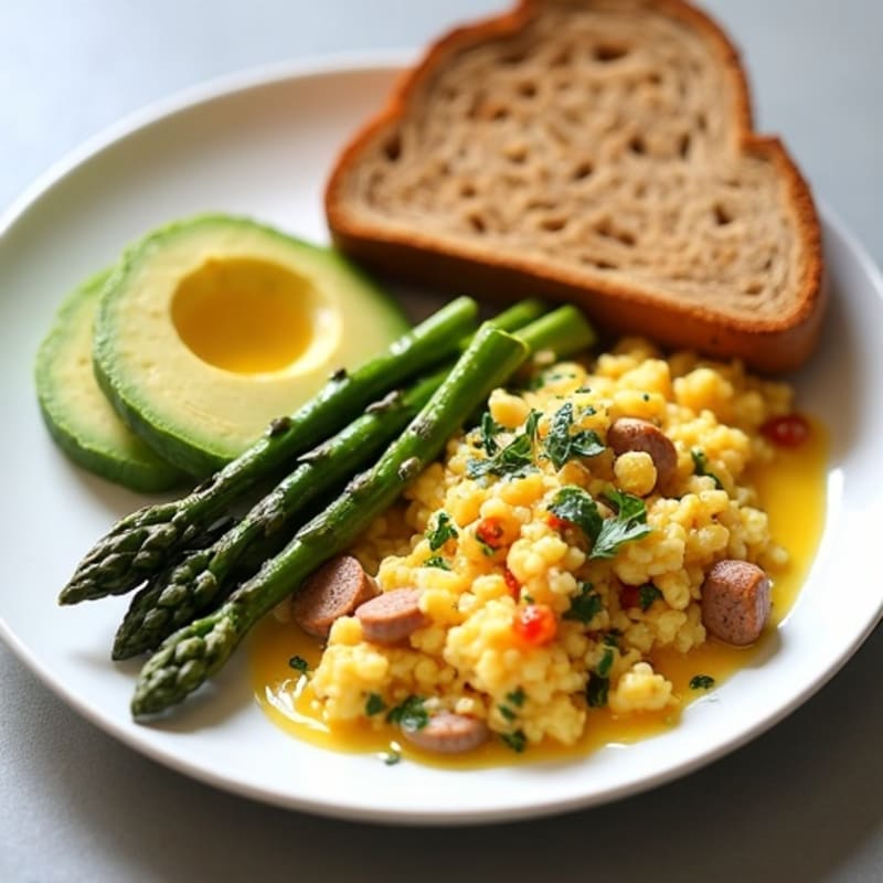 Egg White and Chicken Sausage Scramble with Roasted Asparagus