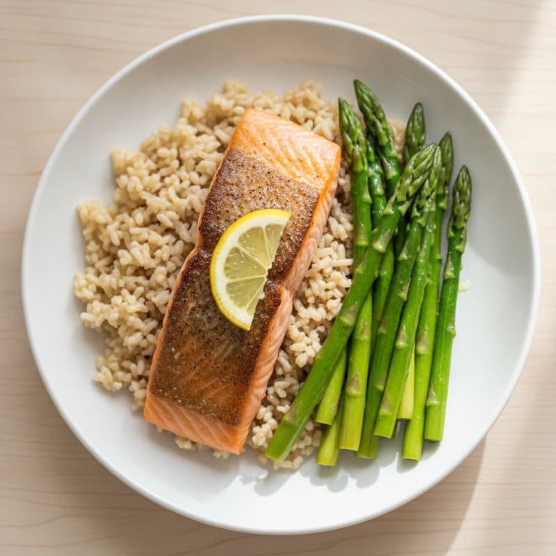 Seared Salmon with Steamed Asparagus and Brown Rice