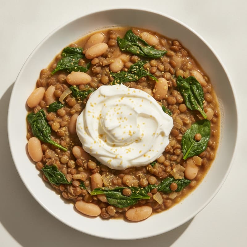 Creamy Lentil and White Bean Stew with Spinach