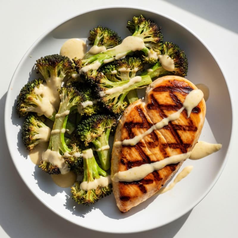 Grilled Chicken Breast with Roasted Broccoli and Lemon Tahini Drizzle