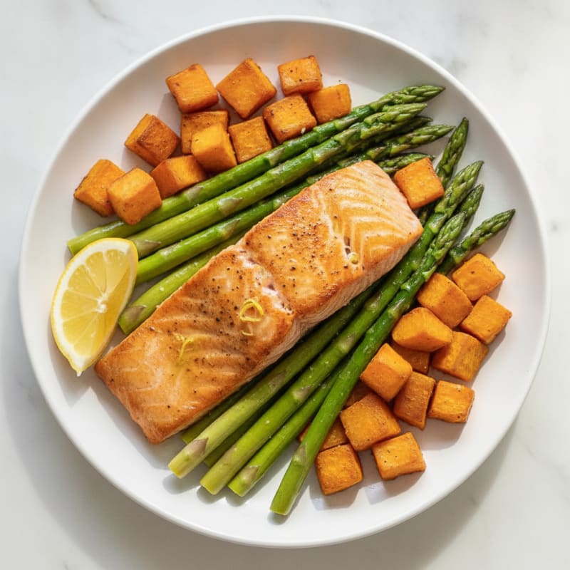 Seared Salmon with Steamed Asparagus and Roasted Sweet Potatoes