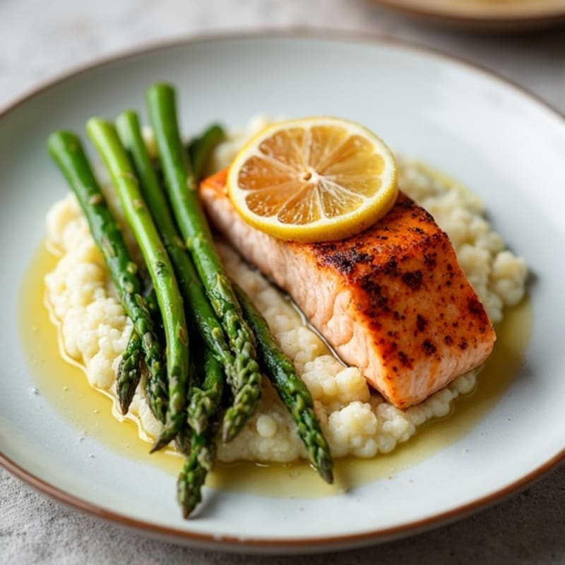 Seared Salmon Fillet with Steamed Asparagus and Cauliflower Mash