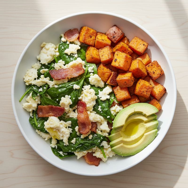 Crispy Turkey Bacon and Egg White Scramble with Roasted Sweet Potatoes