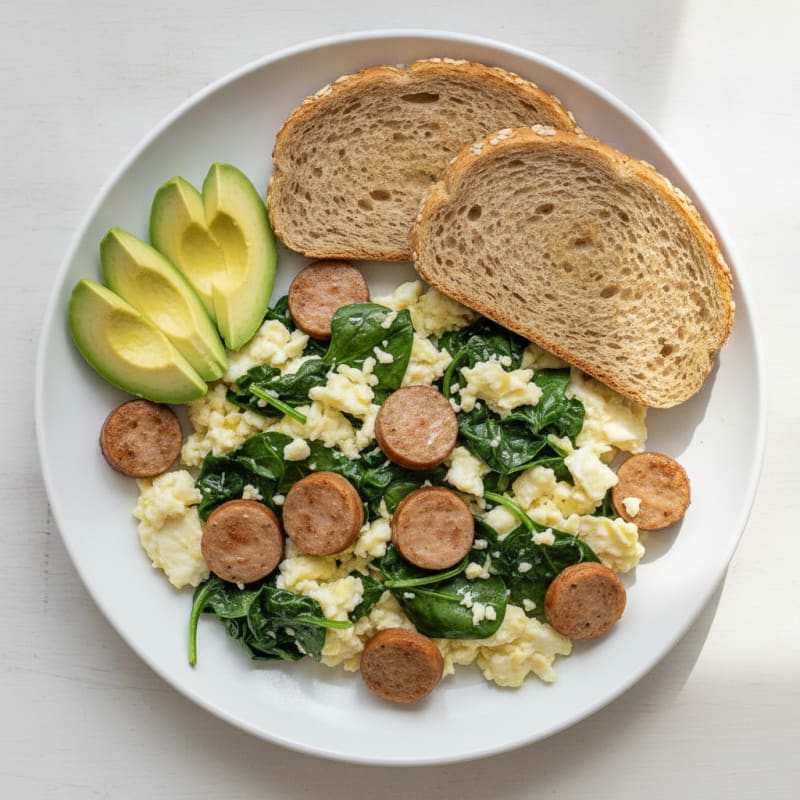 Egg White Scramble with Turkey Sausage and Sautéed Spinach