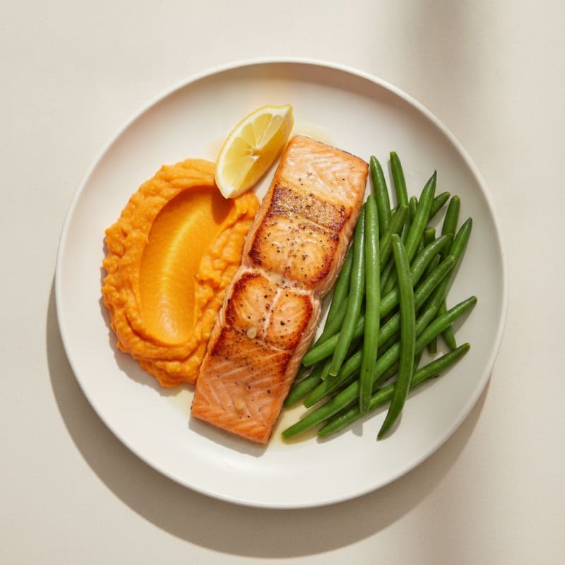 Seared Salmon with Steamed Green Beans and Sweet Potato Mash