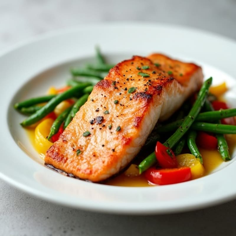 Seared Salmon with Sautéed Green Beans and Bell Peppers