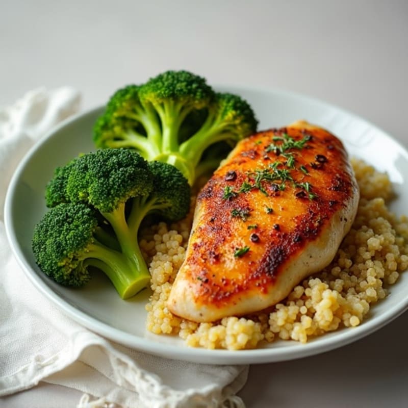 Spiced Herb-Roasted Chicken Breast with Steamed Broccoli and Quinoa